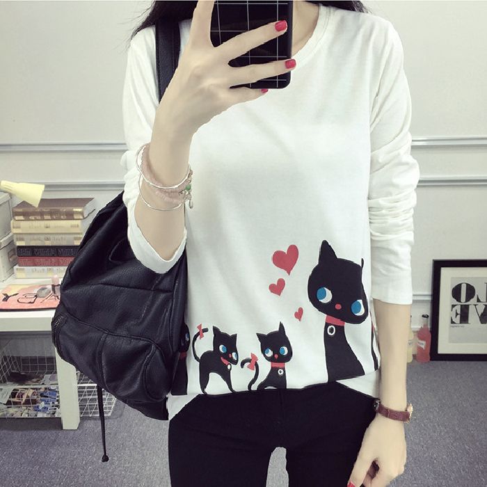 Women's Long Sleeve T-Shirt with Creative Cat Design Lisslune