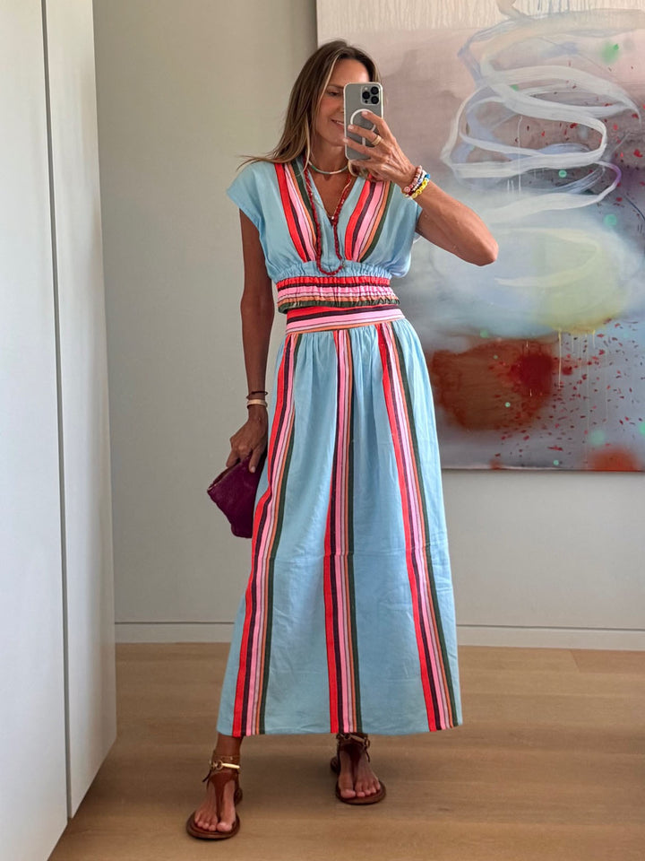 Ladies Beach Maxi Dress with Elastic Waistband and Colorful Striped Pattern Lune London