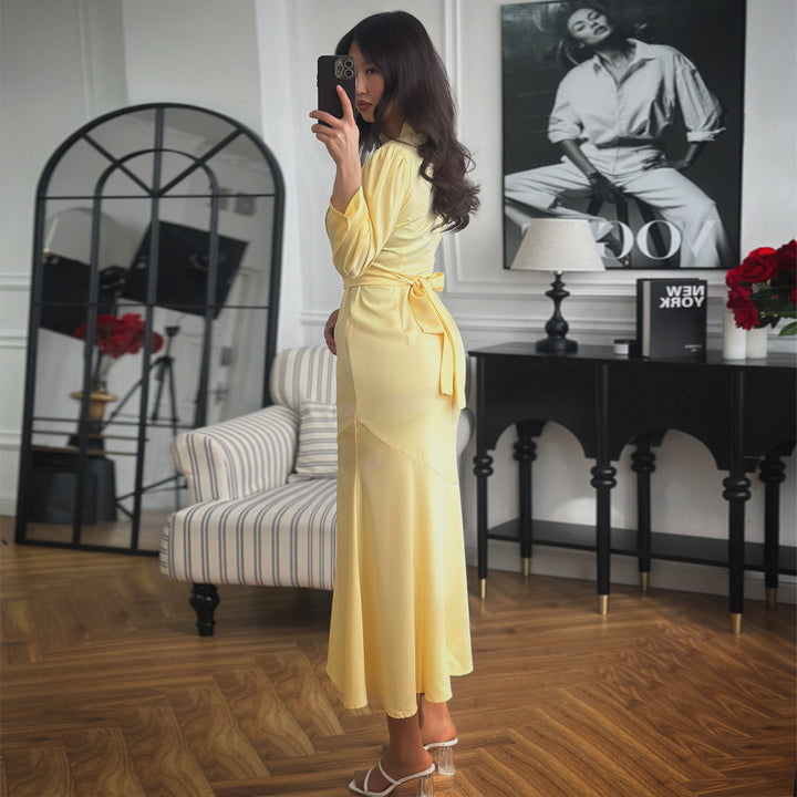 Women's maxi dress with button placket and elegant puff sleeves