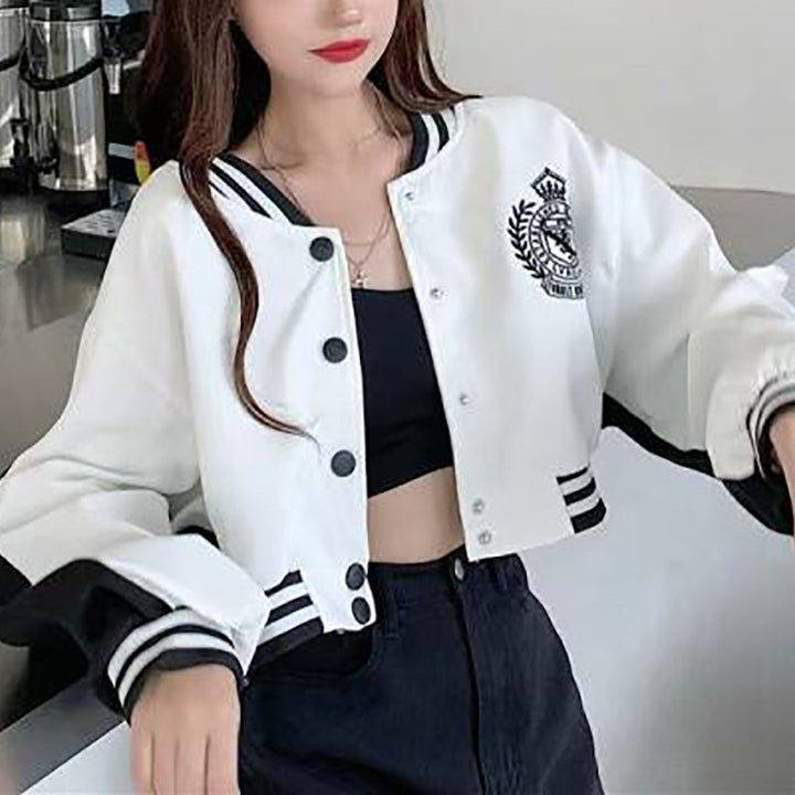 Women's casual college jacket with embroidered logo and contrasting sleeves