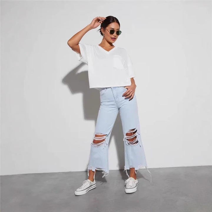 Ladies casual boyfriend jeans with eye-catching destroyed details and wide leg Lisslune