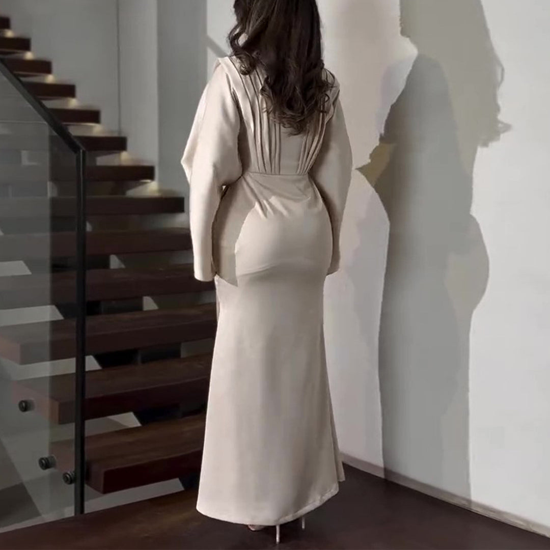 Ladies elegant maxi dress with chic waist cut and luxurious satin trim