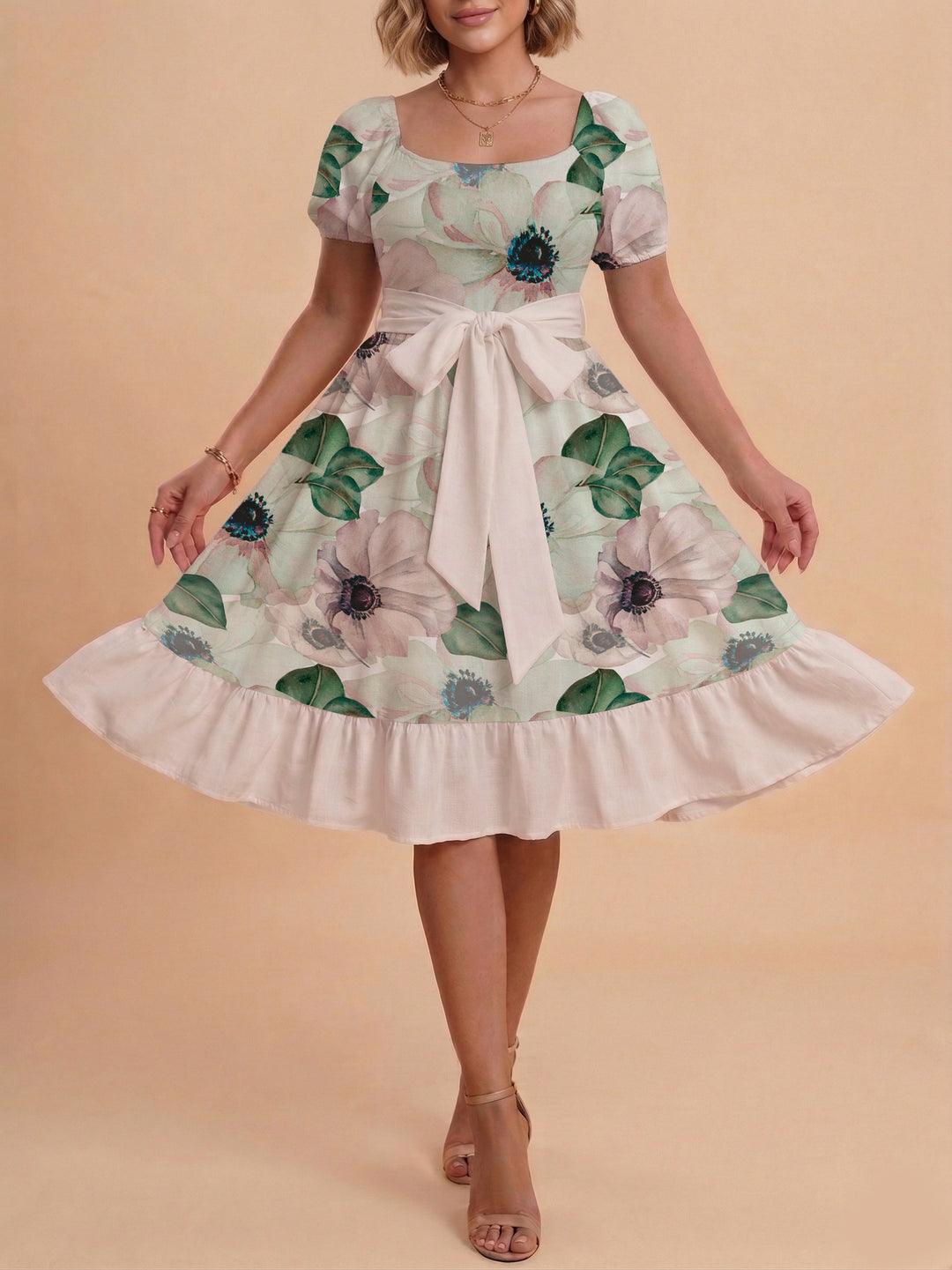 Women's floral dress with adjustable belt and voluminous sleeves Lisslune