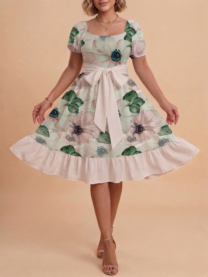 Women's floral dress with adjustable belt and voluminous sleeves Lisslune