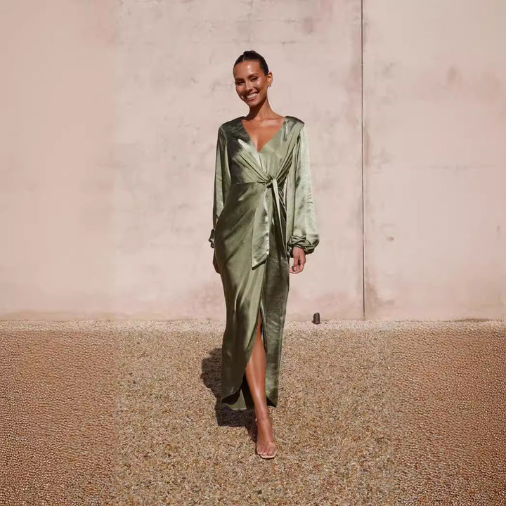 Women's satin wrap dress with elegant V-neckline and voluminous sleeves