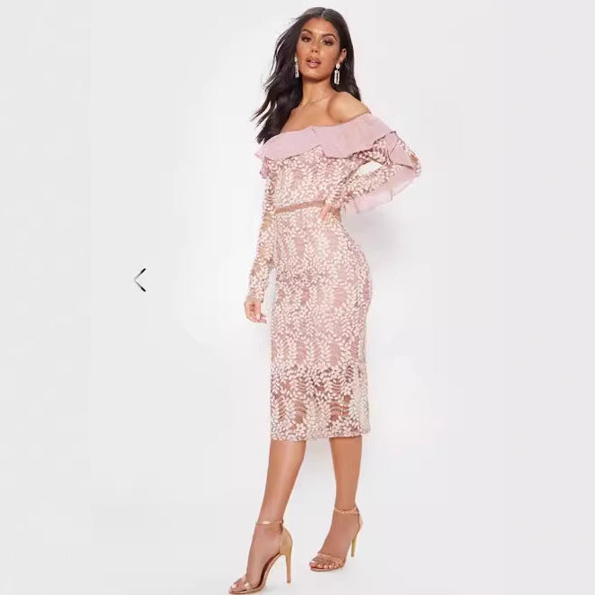 Ladies Off-Shoulder Lace Dress with Ruffle Details and Figure-Hugging Cut Lisslune