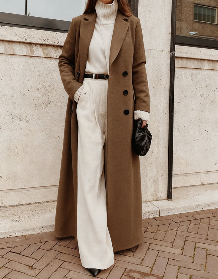 Ladies Elegant Wool Coat with Double Button Placket and Deep Pockets