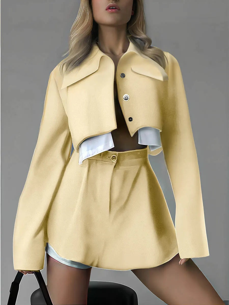 Women's stylish corduroy suit set with short jacket and flared skirt