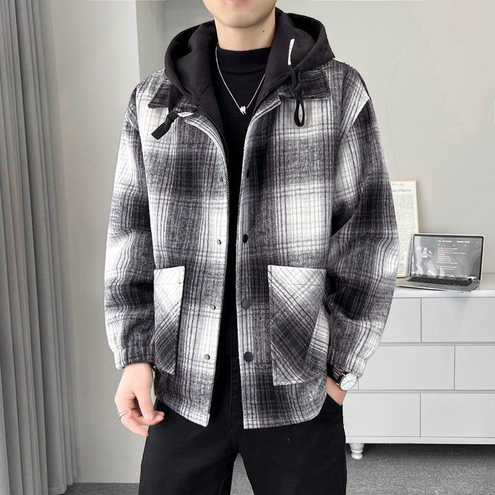 Men's stylish transition jacket in check pattern with hood Lisslune
