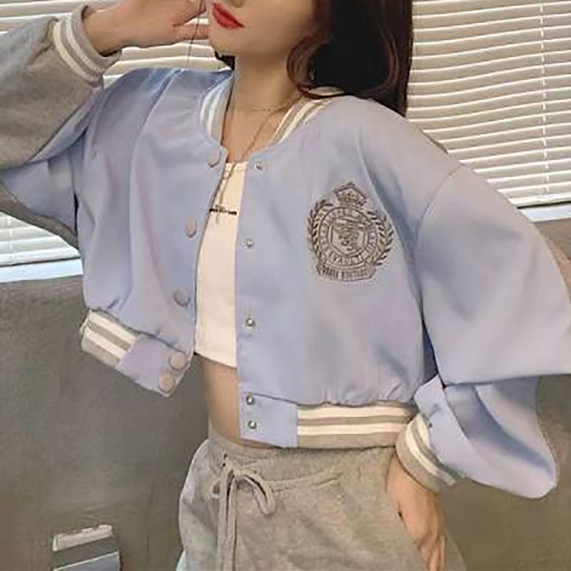 Women's casual college jacket with embroidered logo and contrasting sleeves