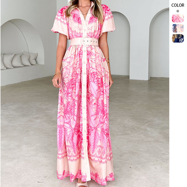 Women's maxi dress with floral pattern and elegant ruffles