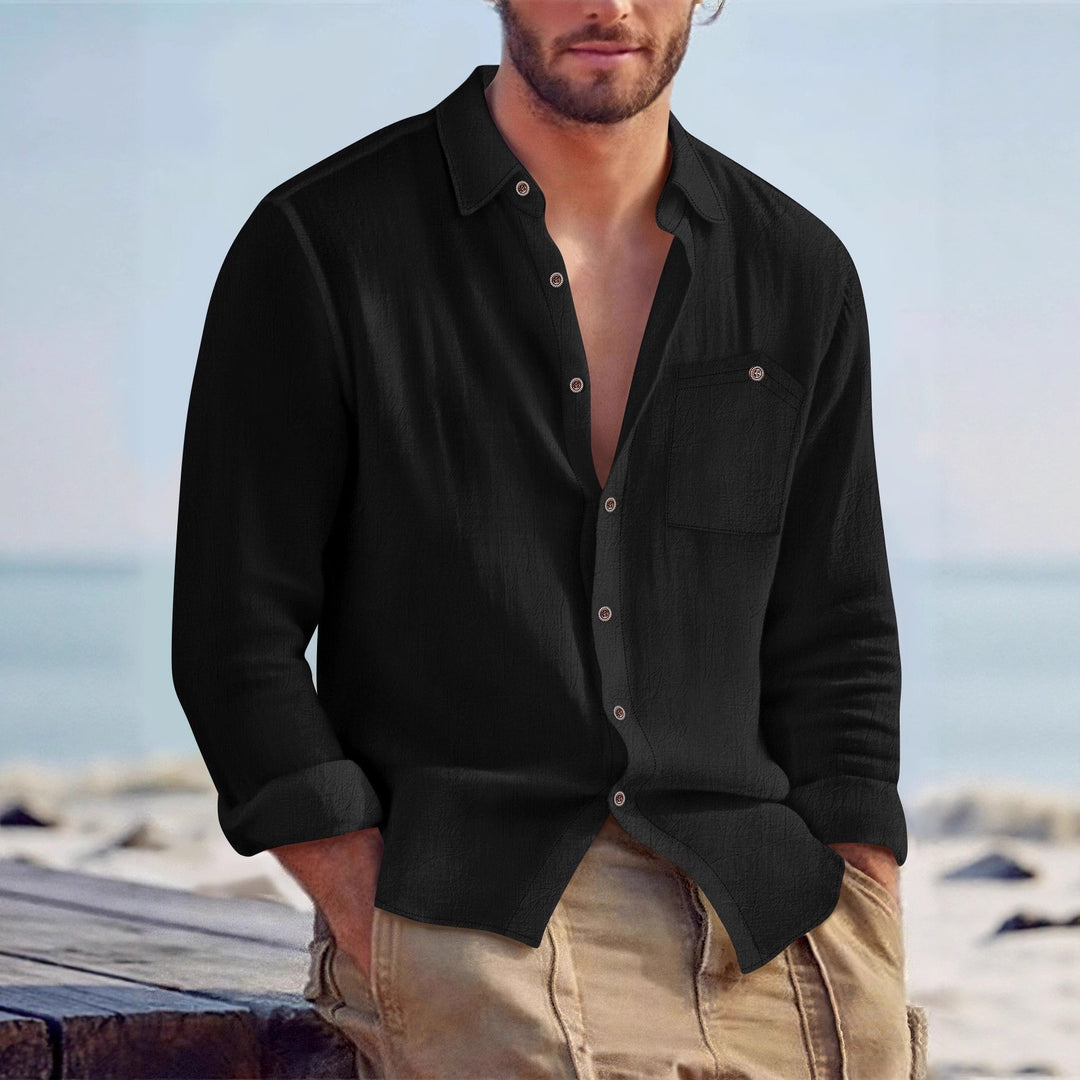 Men's Casual Long Sleeve Shirt with Textured Design and Patch Chest Pocket Lisslune