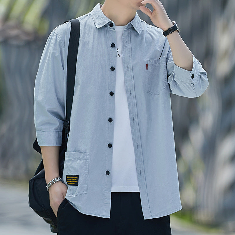 Men's Casual Overshirt with Patch Pocket and Half Sleeves Lisslune