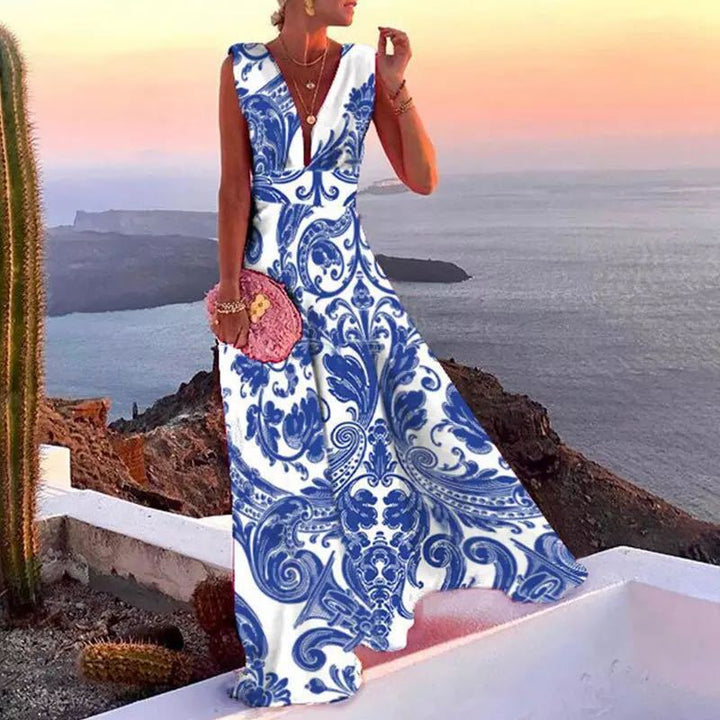 Women's maxi dress with geometric cut and deep V-neck