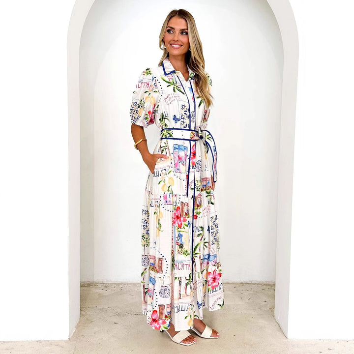Women's Airy Maxi Dress with Floral Graphic Design and Practical Pockets