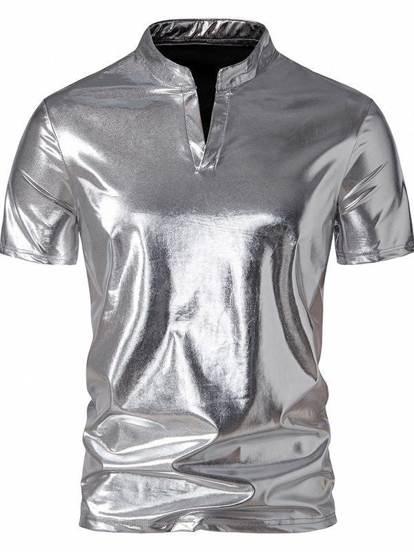 Men's shiny short-sleeve shirt in modern stand-up collar design Lisslune