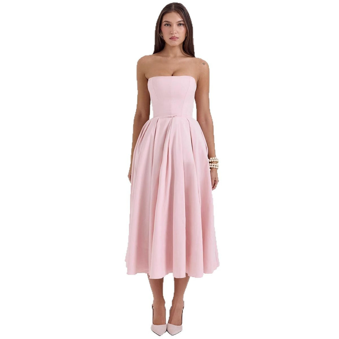 Women’s Waist-Reducing Midi Dress with Off-Shoulder Design and Elegant Pleated Structure
