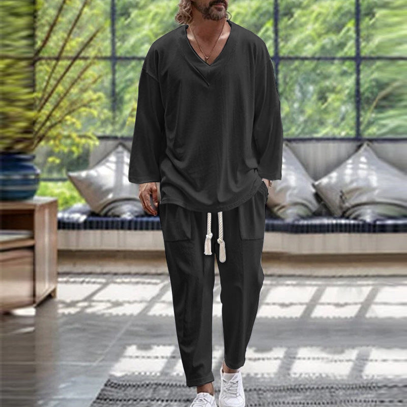 Men's Casual Lounge Set with V-Neck and Elastic Waistband Lisslune