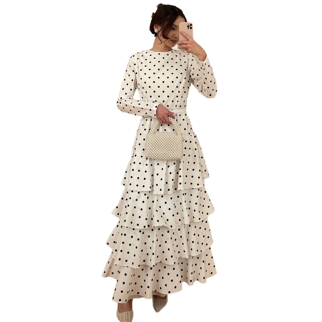 Women's maxi dress with ruffle details and fashionable polka dot design