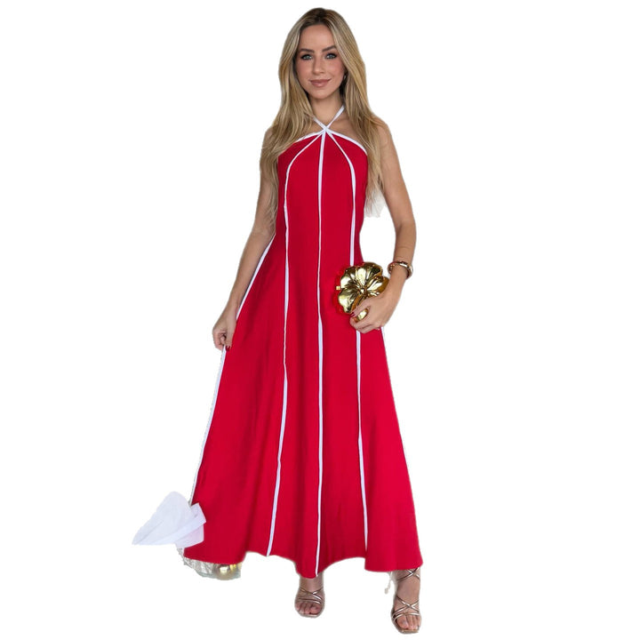 Women's maxi dress with elegant halterneck and fashionable stripes