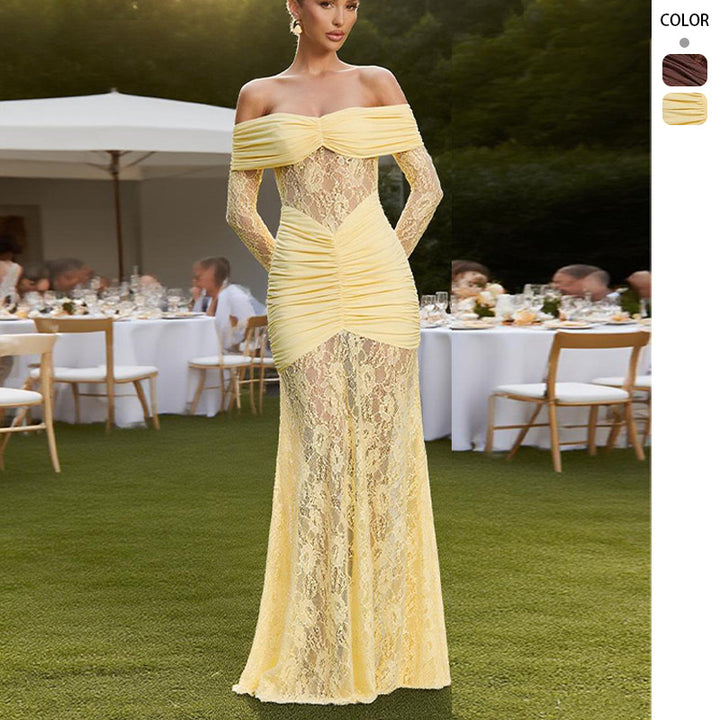 Women's Elegant Lace Evening Dress with Off-the-Shoulder Silhouette and Refined Ruffle Details