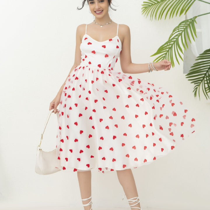Women's romantic A-line dress with heart motif and adjustable straps Lisslune