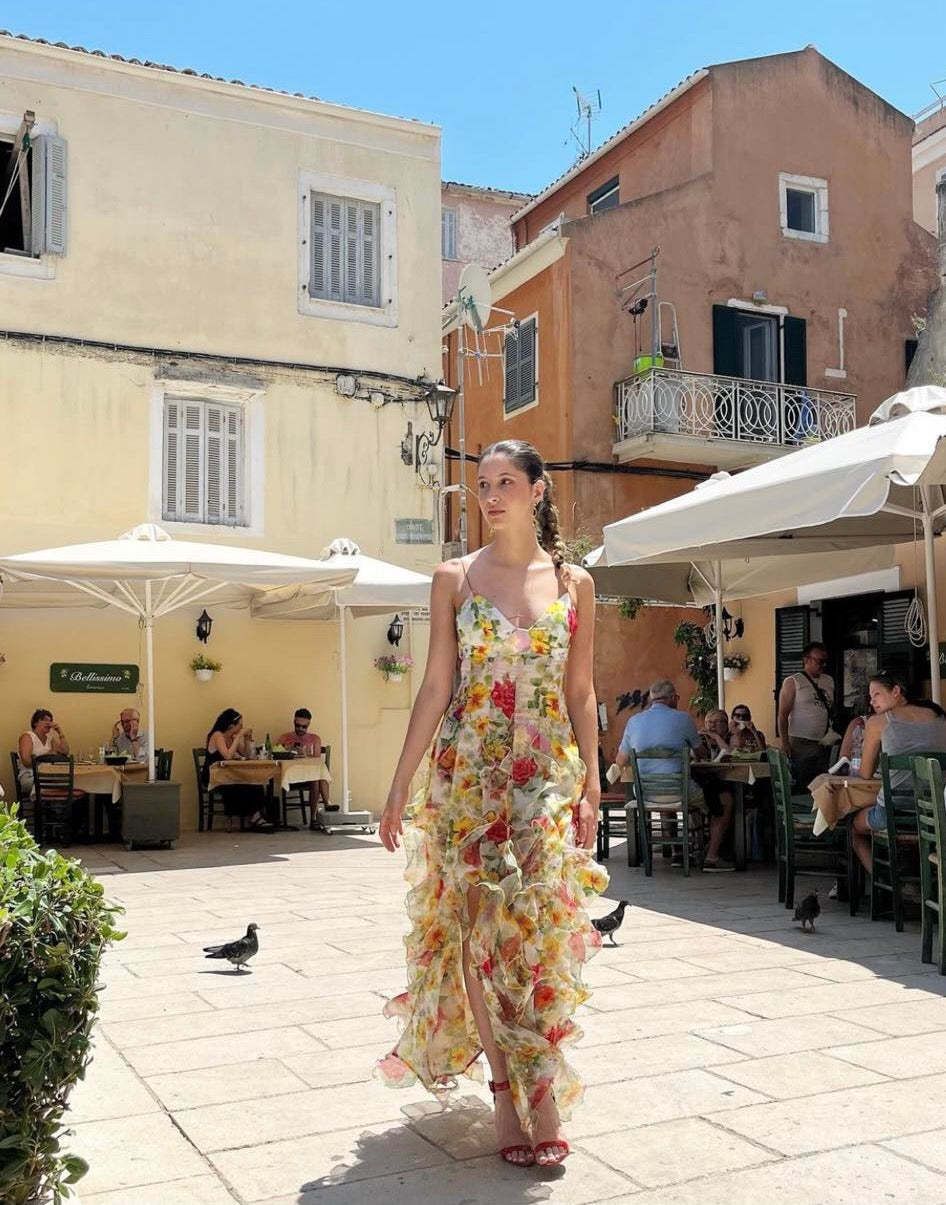 Ladies Flowing Chiffon Maxi Dress with Ruffle Details and Floral Accents Lisslune