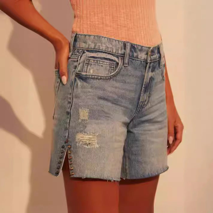 Women's fashionable destroyed denim shorts with stud embellishment Lisslune