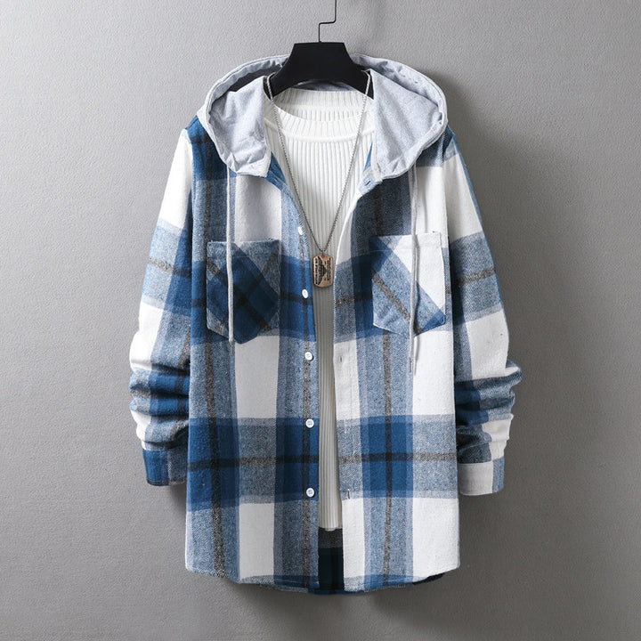 Men's casual flannel shirt jacket with hood and graphic check pattern Lisslune