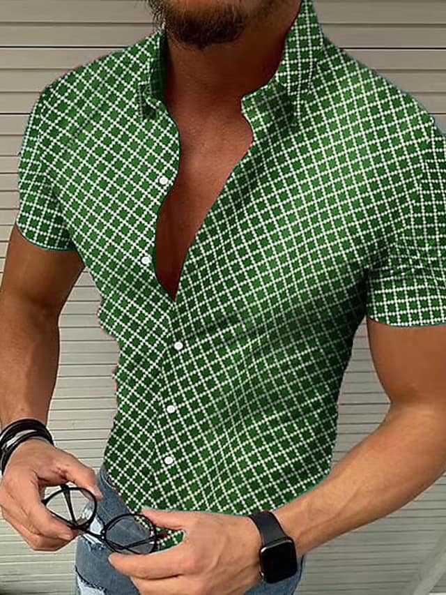 Men's Short Sleeve Shirt with Modern Check Pattern and Breathable Cotton Blend Lisslune