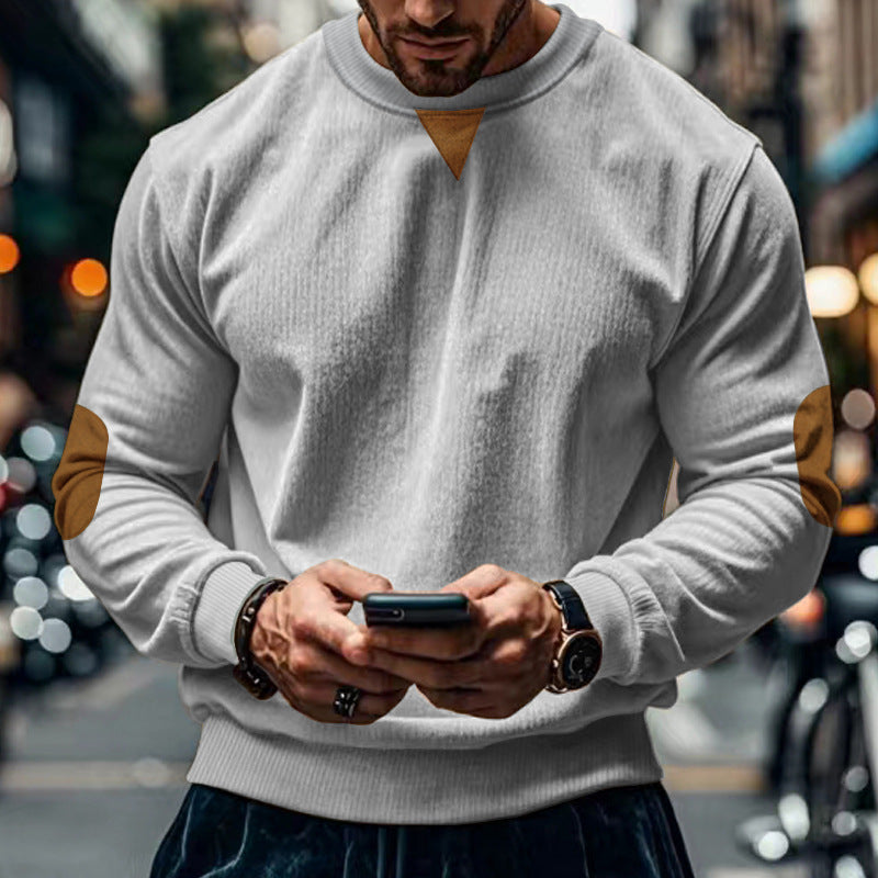 Men's comfortable round neck sweater with elbow patches Lisslune