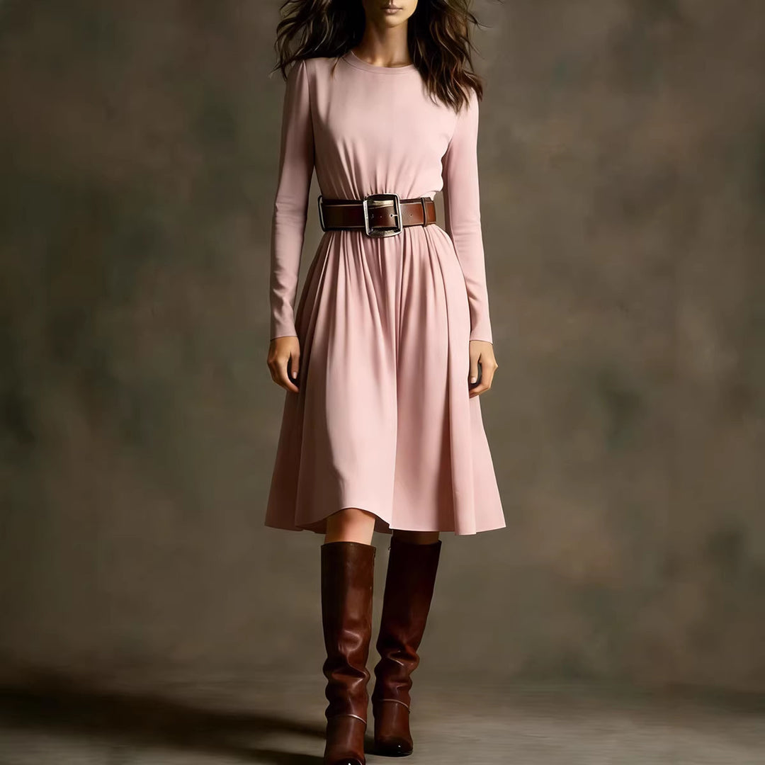 Women Elegant Dress with Long Sleeve and Waist Belt Lisslune