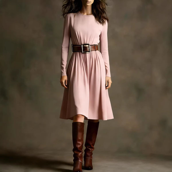 Women Elegant Dress with Long Sleeve and Waist Belt Lisslune
