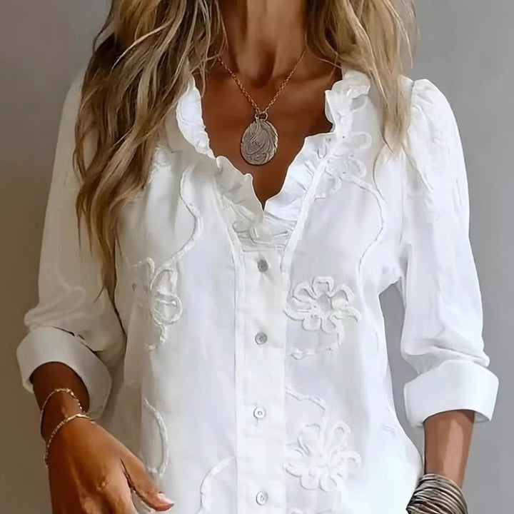 Damen elegante Bluse mit floralen Stickereien und voluminösen Ärmeln Lisslune
