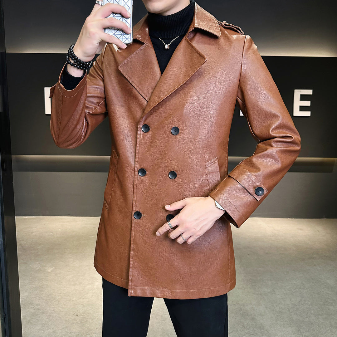 Men's Fashionable Synthetic Leather Trench Coat with Double Button Placket Lisslune