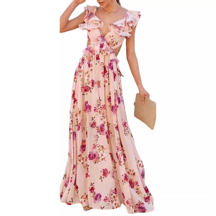 Women's Elegant Maxi Dress with Ruffle Details and Floral Design