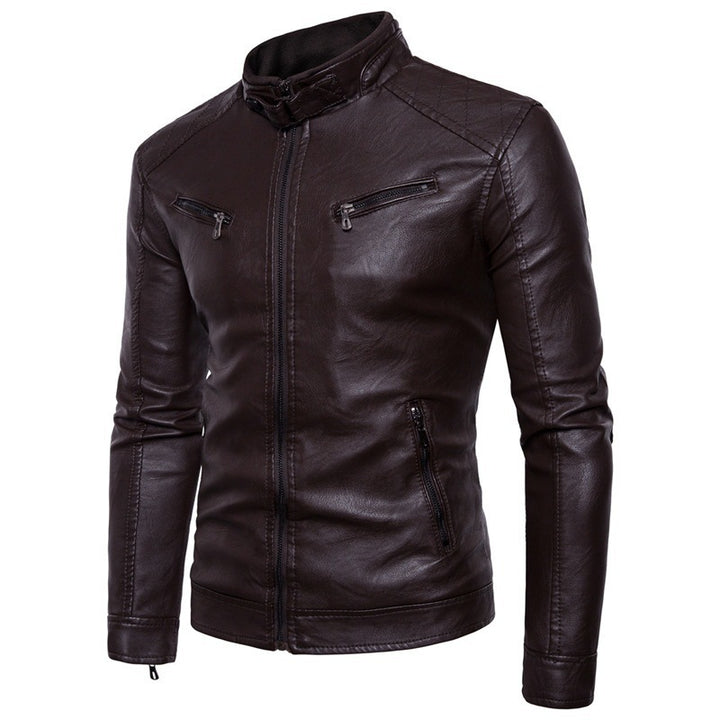 Men's stylish leather jacket with modern stand-up collar and zippers Lisslune