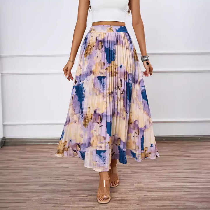 Women's pleated skirt with colorful watercolor pattern and elegant waist Lisslune