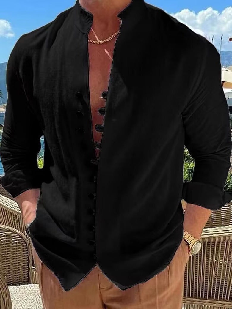 Men's cotton shirt with fashionable stand-up collar and decorative button placket Lisslune