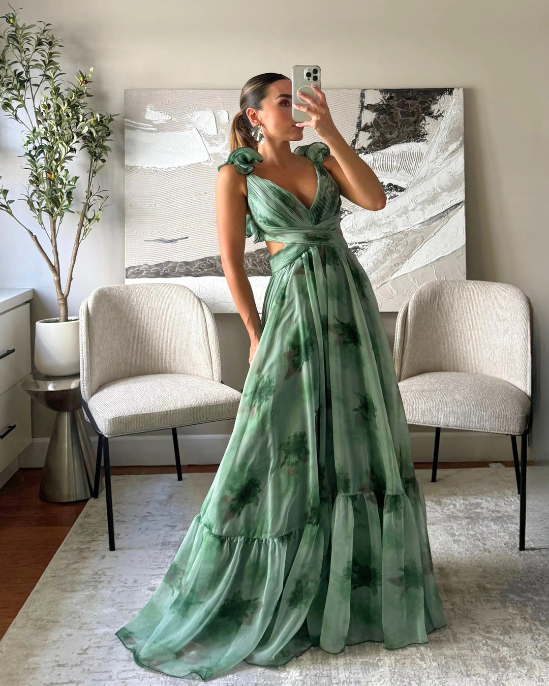 Women's maxi dress with airy ruffle details and extravagant wrap design