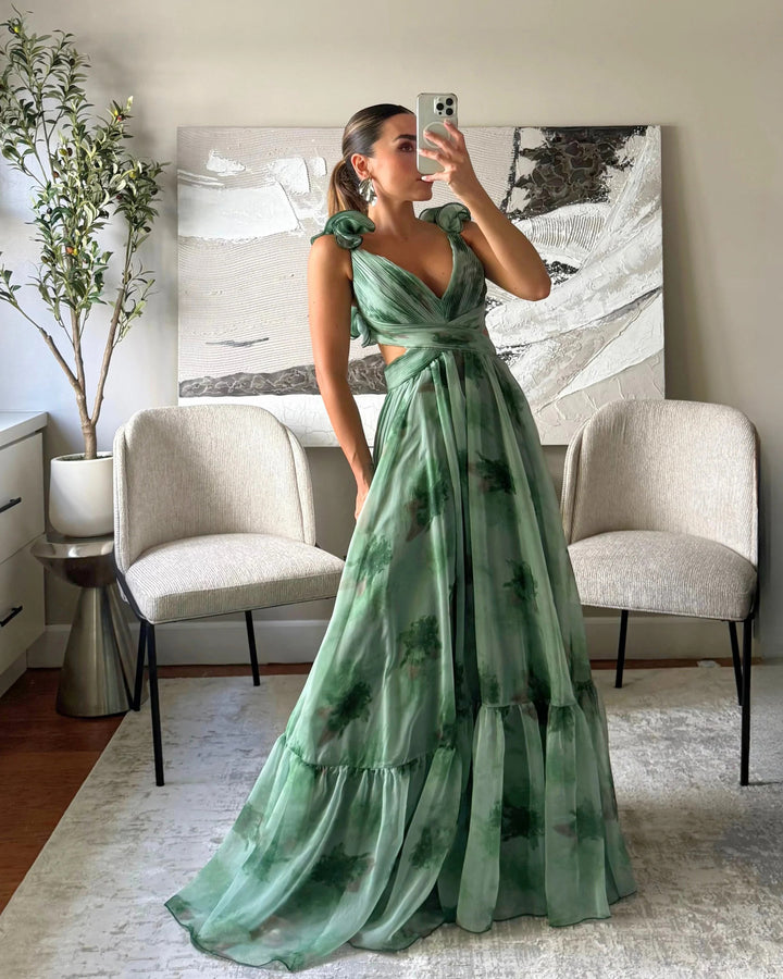 Women's maxi dress with airy ruffle details and extravagant wrap design