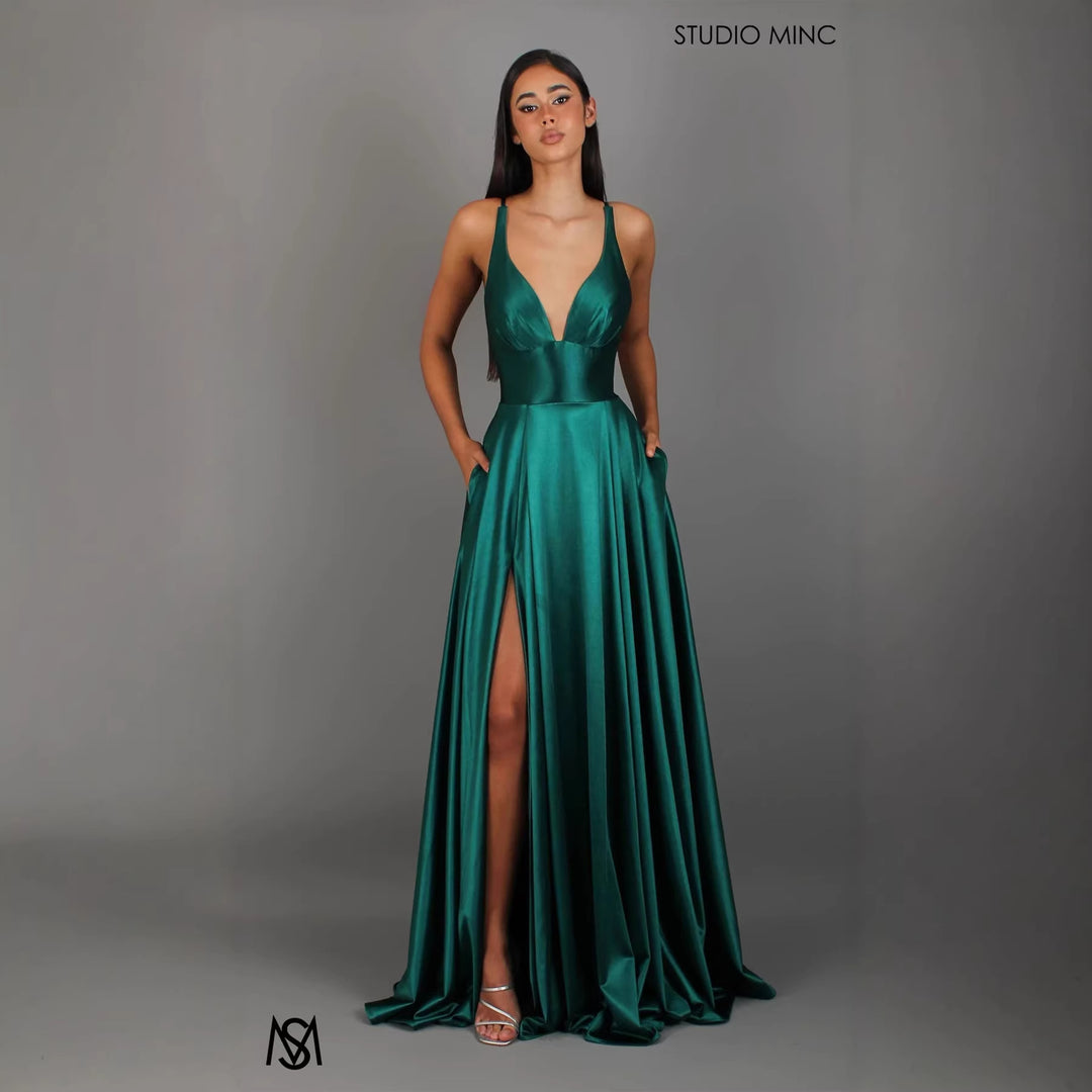 Ladies Elegant Maxi Dress with Deep V-Neck and Fashionable Split
