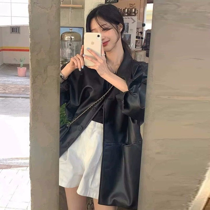 Women's fashionable leather jacket in oversized style with classic collar and decorative buttons Lisslune