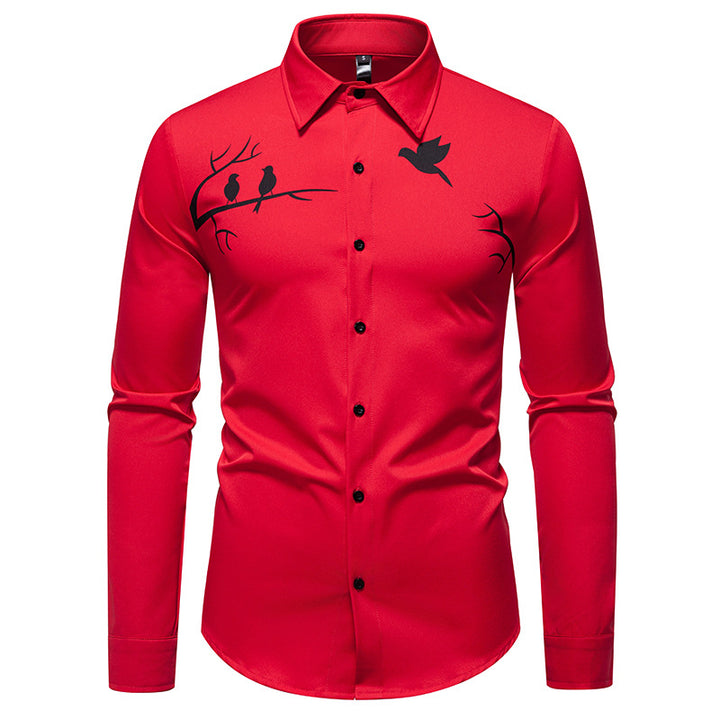 Men's Long Sleeve Shirt with Artistic Bird Motif Lisslune