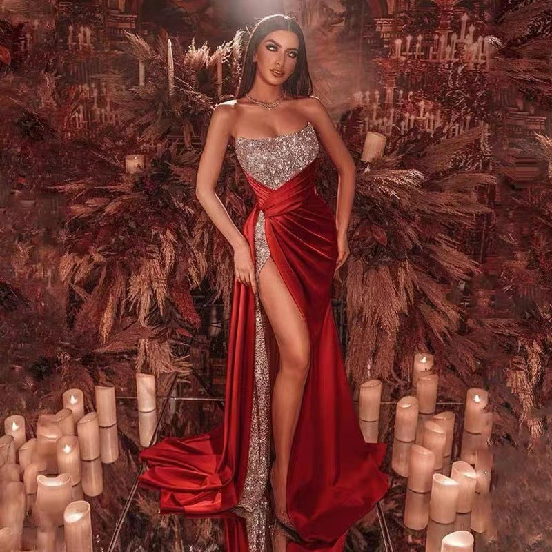 Women's Glamorous Maxi Dress with Sparkling Top and High Slit