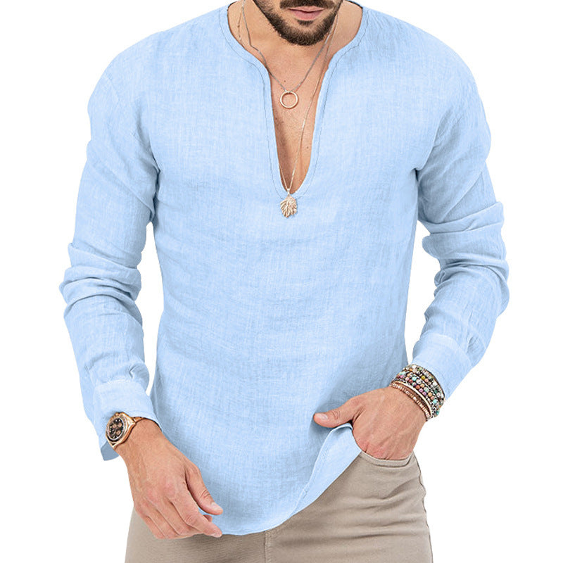 Men's airy linen shirt with deep V-neck and casual fit Lisslune