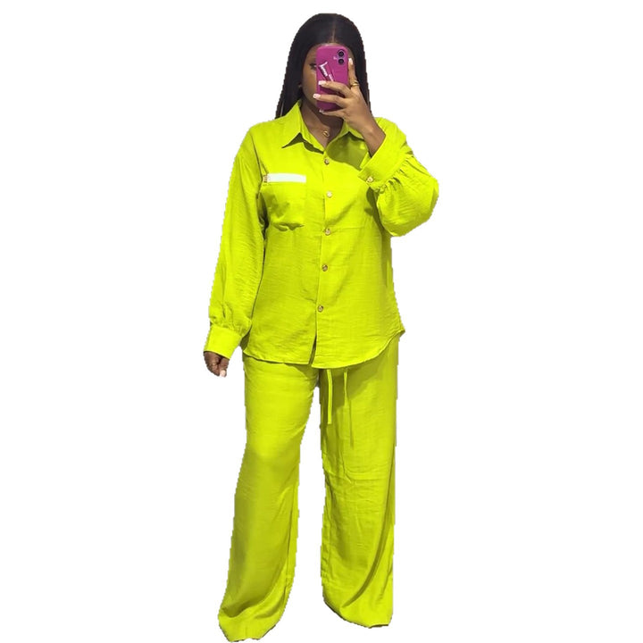 Women's casual two-piece set with long-sleeve blouse and wide pants