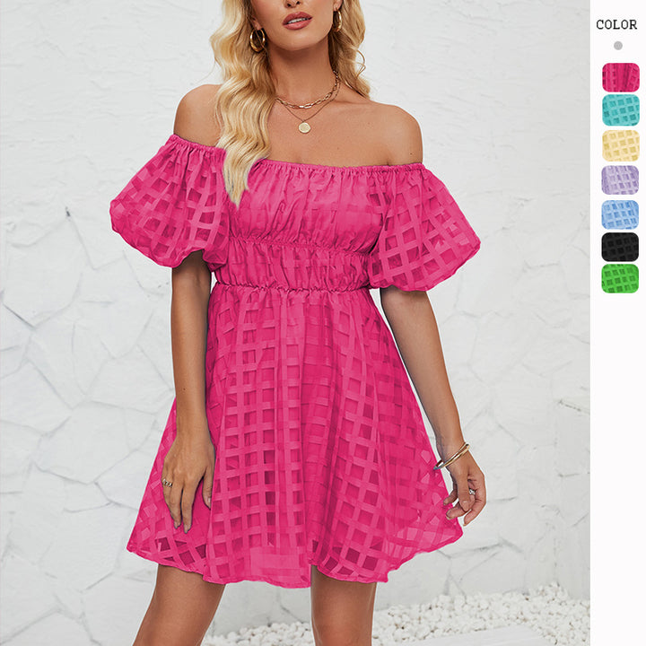 Women's casual dress in modern check pattern with puff sleeves and elastic waist