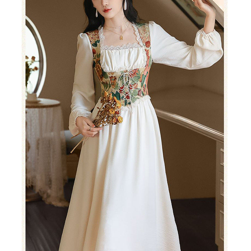 Ladies Elegant Evening Dress with Floral Top and Long Sleeves
