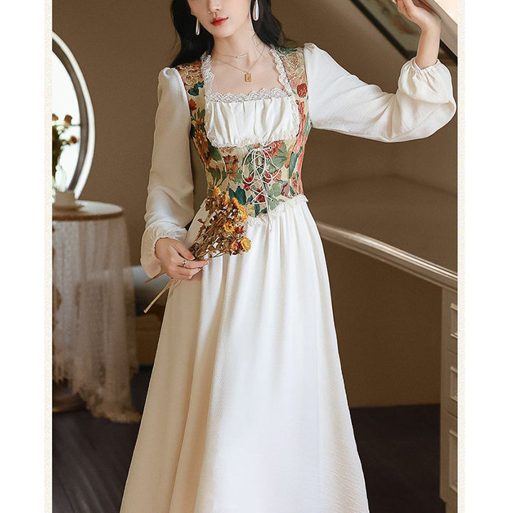 Ladies Elegant Evening Dress with Floral Top and Long Sleeves